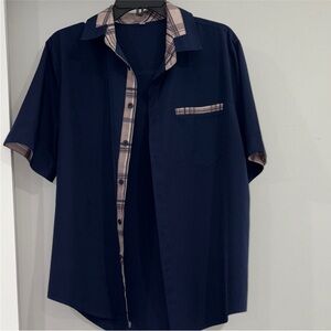 Navy Blue Men's Shirt with Plaid Accents